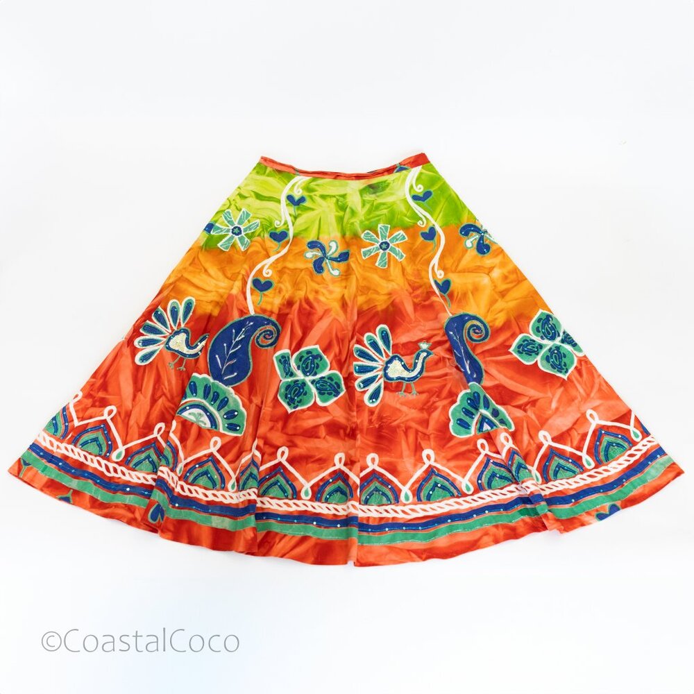 Jasmine KC Vintage Boho Midi Skirt L Peacock Sequin 100% Cotton India Multicolor